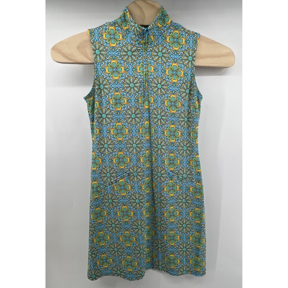 Ibkul Small Sleeveless 1/4 Zip Dress Blue Green Yellow Floral Mosaic Midi/Knee